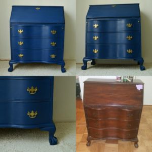 DIY blue refinished antique secretary desk