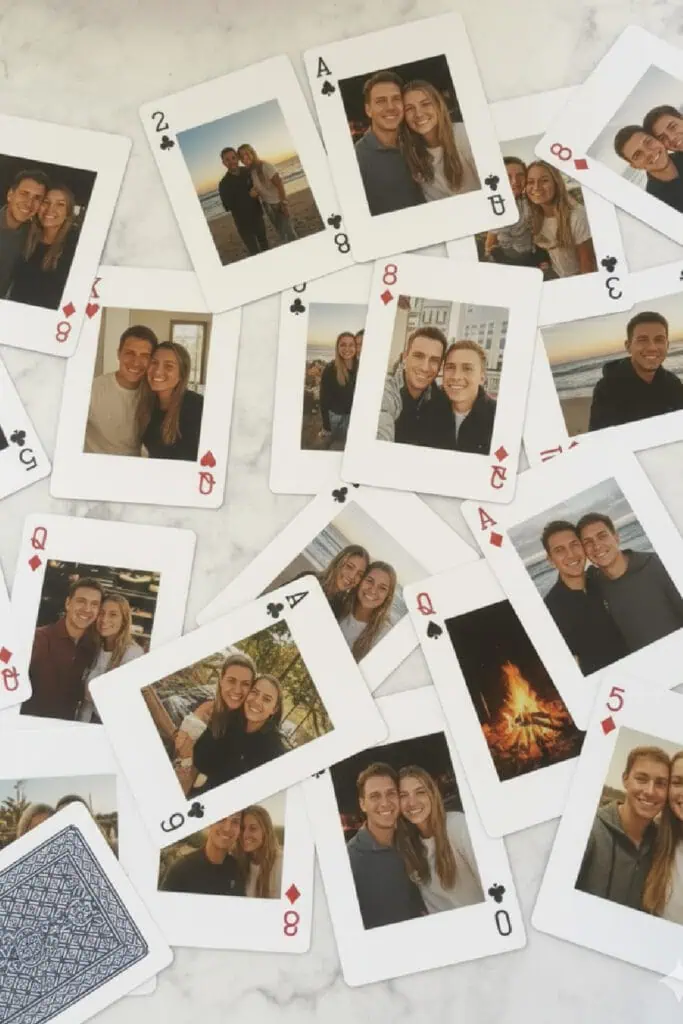 DIY Valentine’s Day gift made with custom photo playing cards featuring a couple’s pictures for a sentimental and creative romantic gift idea.