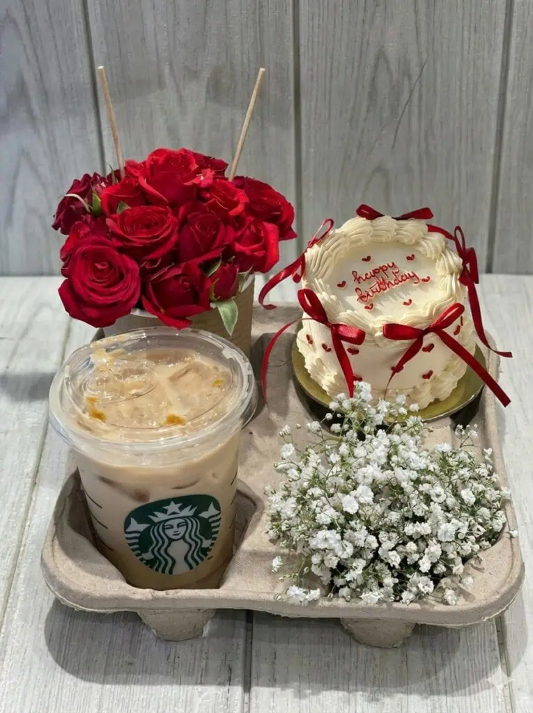 Cup holder gifts for Valentine’s Day featuring coffee, flowers, and cake paired with a DIY kissing booth gift, perfect for creative, budget-friendly, and romantic Valentine’s Day gift ideas.