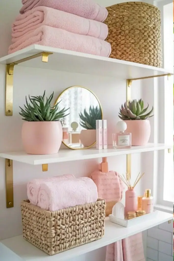 Soft pink bathroom decor with blush towels, white floating shelves, gold brackets, woven baskets, and minimalist spa accessories in a bright modern bathroom.