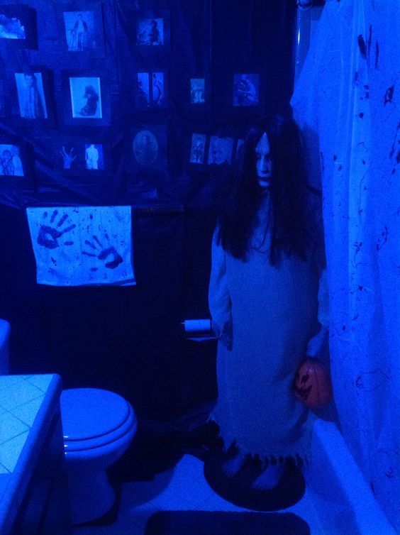 DIY Halloween Bloody Scary Bathroom Decorations doll watching you on the toilet