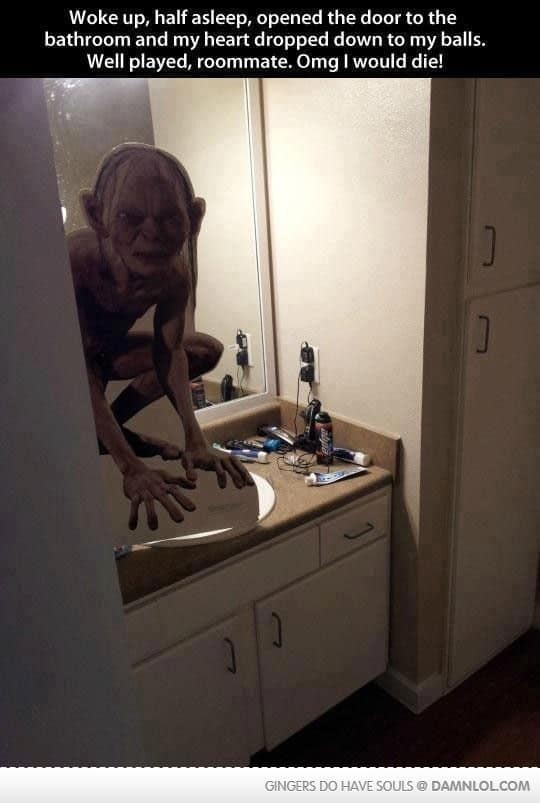 Cardboard cut out of Lord of the Rings goblin for Halloween bathroom decorations that will scare the crap out of them literally