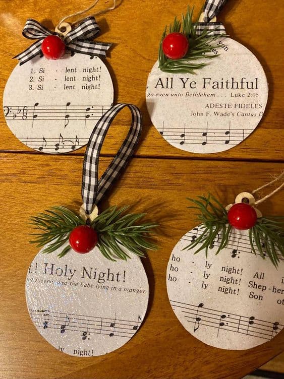 EASY DIY CHRISTMAS ORNAMENTS MADE OUT OF CHRISTIAN SHEET MUSIC