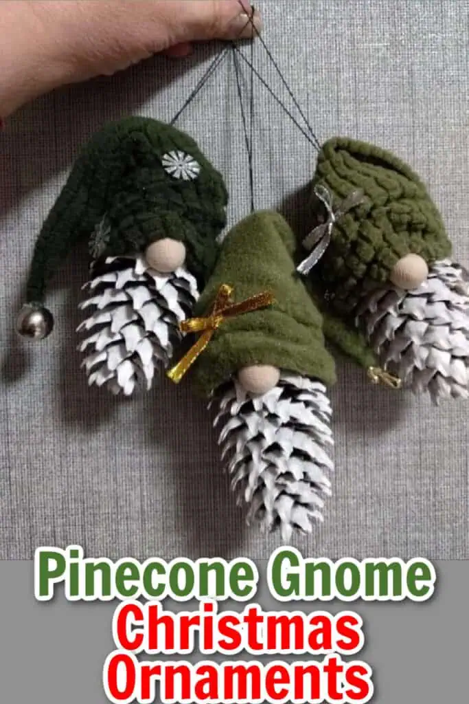 Diy Pinecone Gnome Christmas ornaments with Green hats and white beards