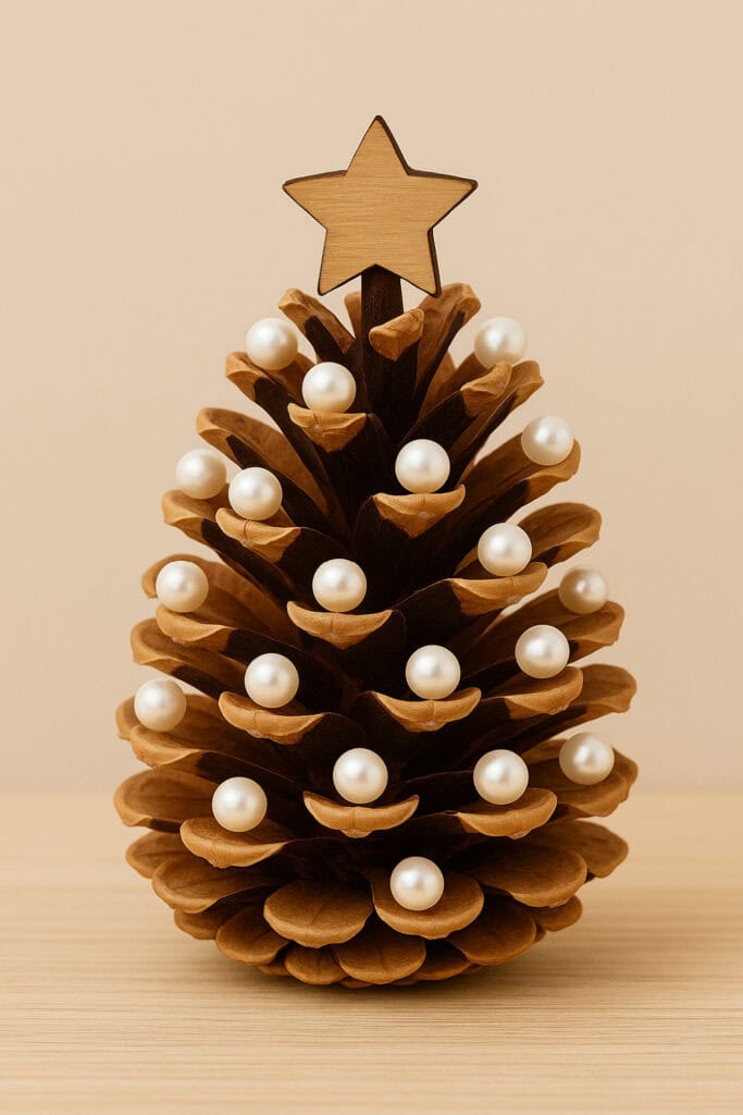 Easy DIY Pinecone and Pearl Christmas Ornament made with Dollar Tree Pearls and wooden star to make or sell for the Tree 