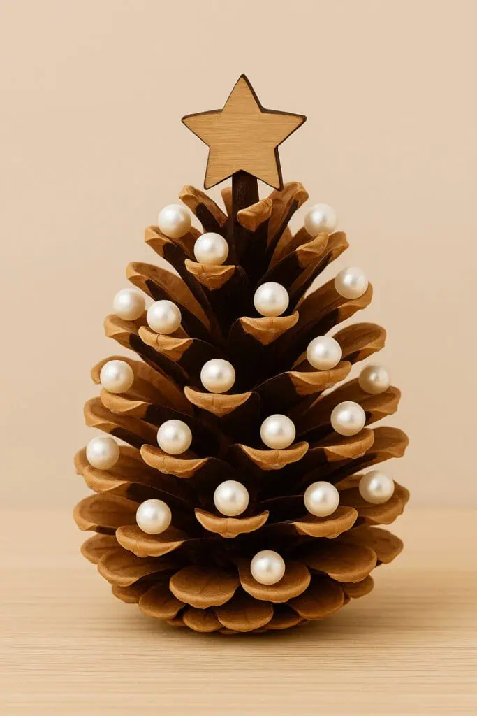 Easy DIY Pinecone and Pearl Christmas Ornament made with Dollar Tree Pearls and wooden star to make or sell for the Tree 