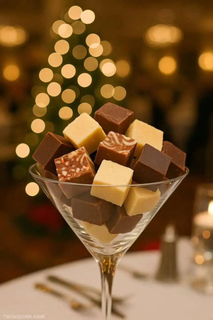 Assorted Christmas fudge cubes in a martini glass with festive holiday lights and tree in background – perfect easy Christmas dessert or party table centerpiece idea.