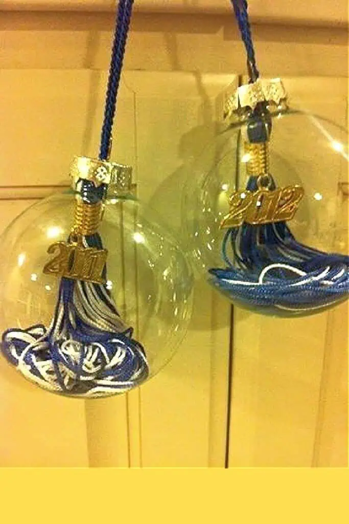 Easy DIY Christmas Ornaments using glass balls from the dollar tree and  Graduation Cap tasselS