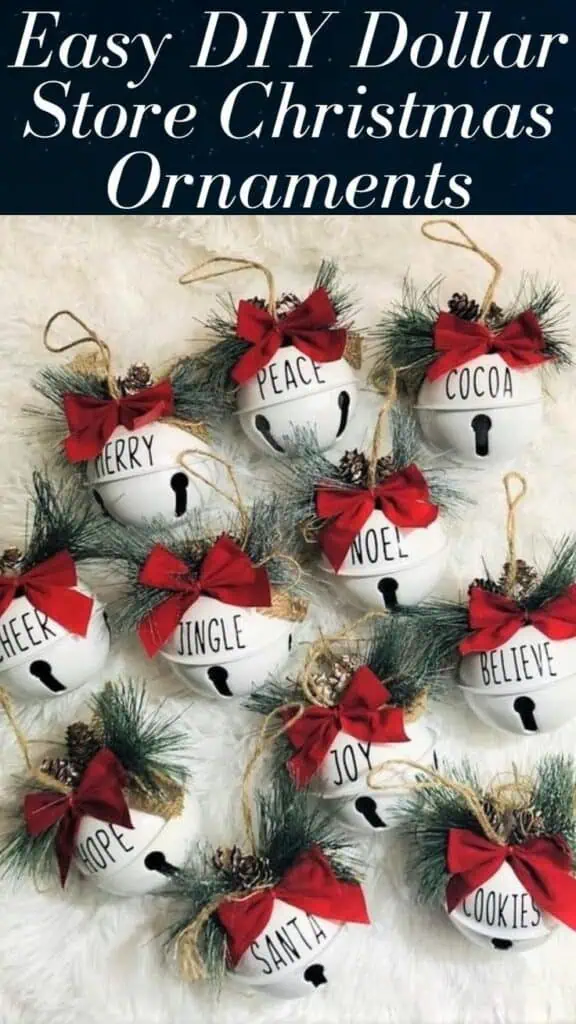 DIY White Christmas Bell Ornaments from Dollar Tree customized with names written in black and decorated with a red bow and garland in a farmhouse style