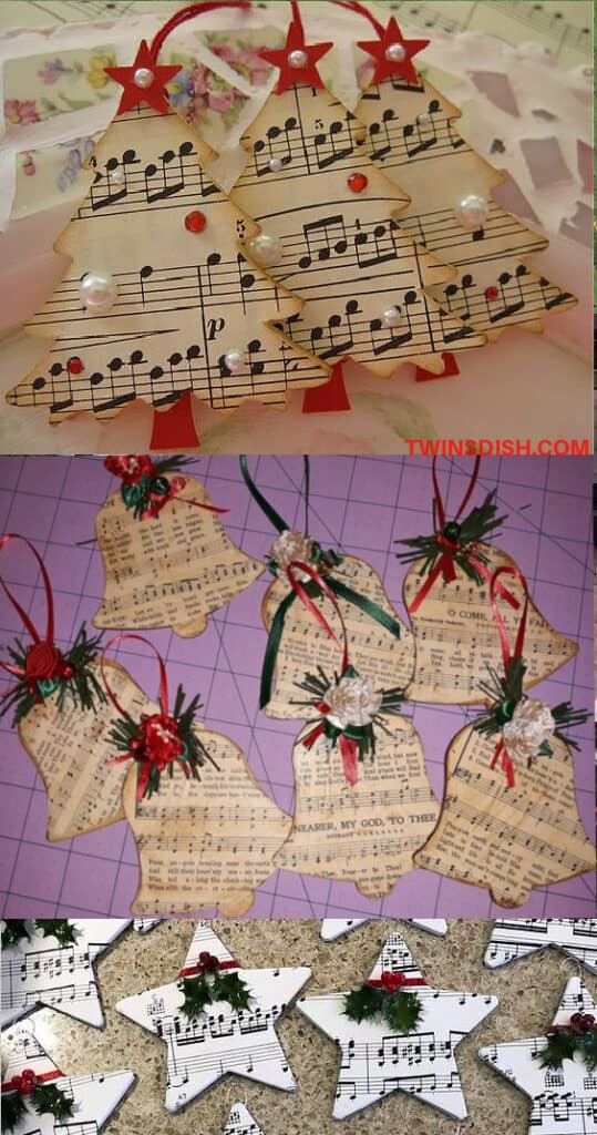 EASY DIY CHRISTMAS ORNAMENTS MADE OUT OF CHRISTIAN SHEET MUSIC