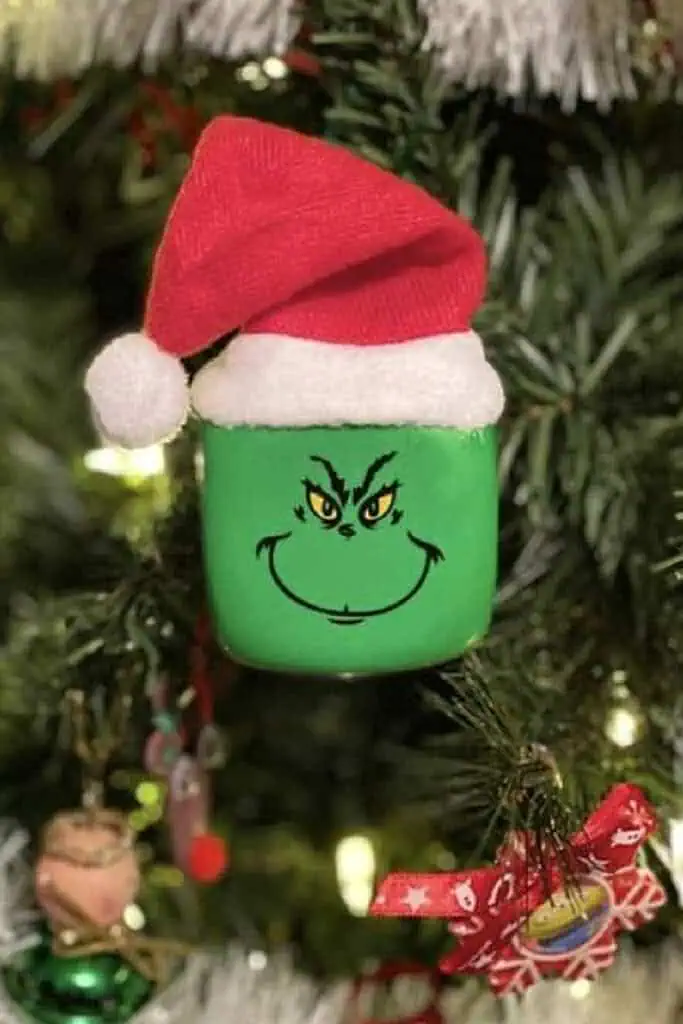 Dollar Store foam dice made into a grinch Christmas Ornament for kids