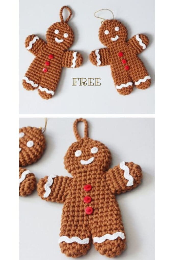 Crochet gingerbread man Christmas ornament from a free pattern