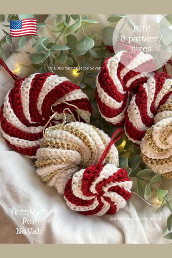 Red and white and tan and white peppermint candy crochet Christmas ornaments