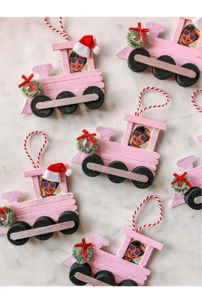 Pink Popsicle stick train diy Christmas Ornaments with a picture