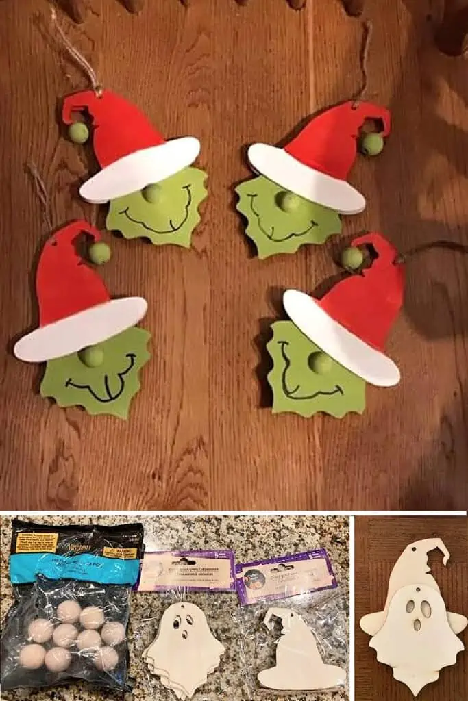 EASY DIY WOOD GRINCH CHRISTMAS ORNAMENTS MADE FROM DOLLAR TREE ITEMS