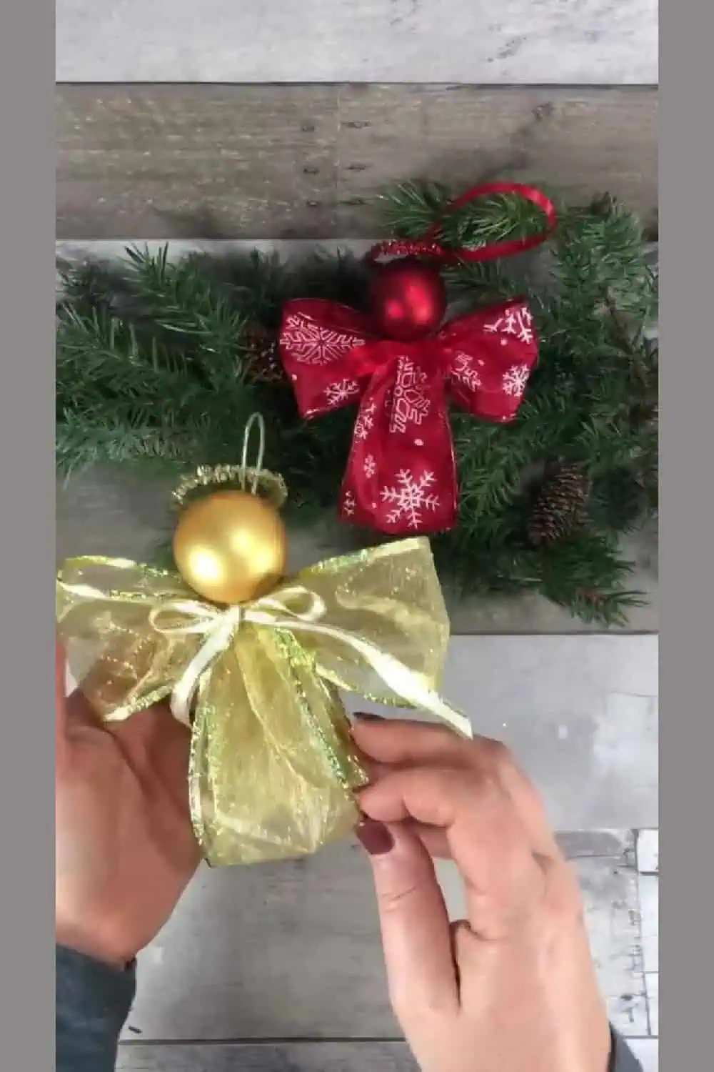 Easy Diy ribbon angel Christmas ornaments on red and gold