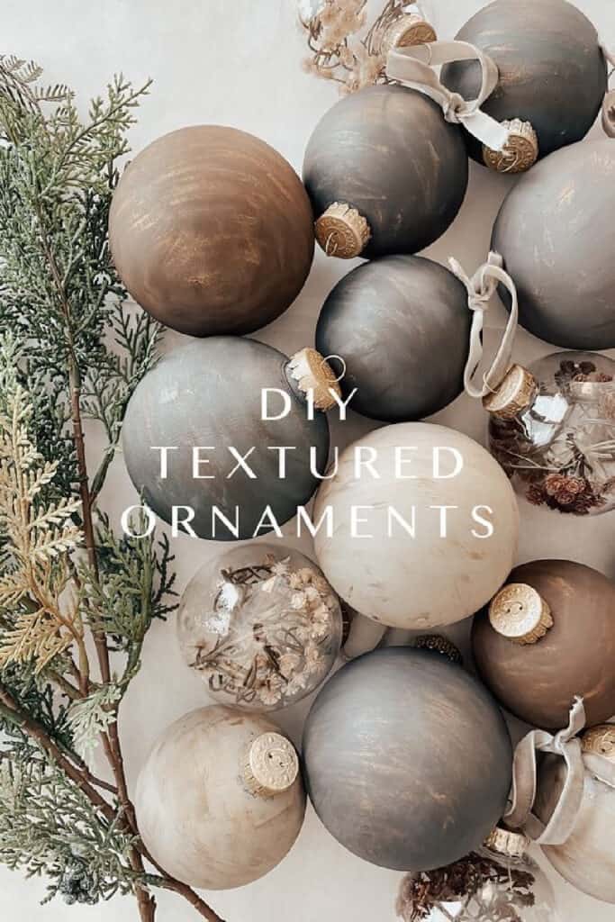 Textured metallic Diy Christmas ornaments in earth tones. Crate and Barrel dupe.