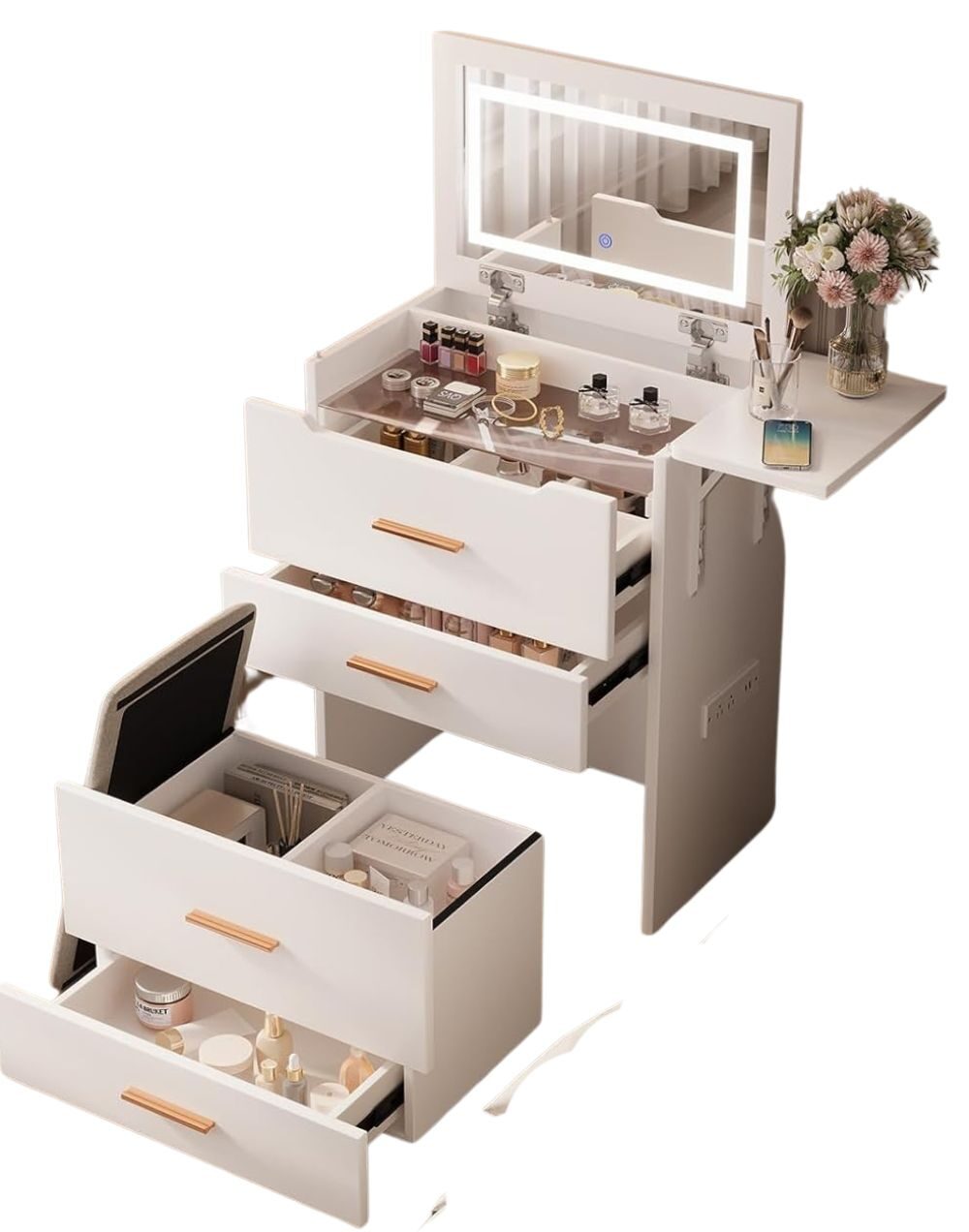 Compact small Vanity storage with lighted mirror, nightstand, and hidden stool