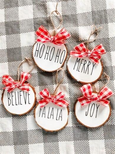 Easy DIY Wood Slice Rae Dunn Inspired Christmas Ornament