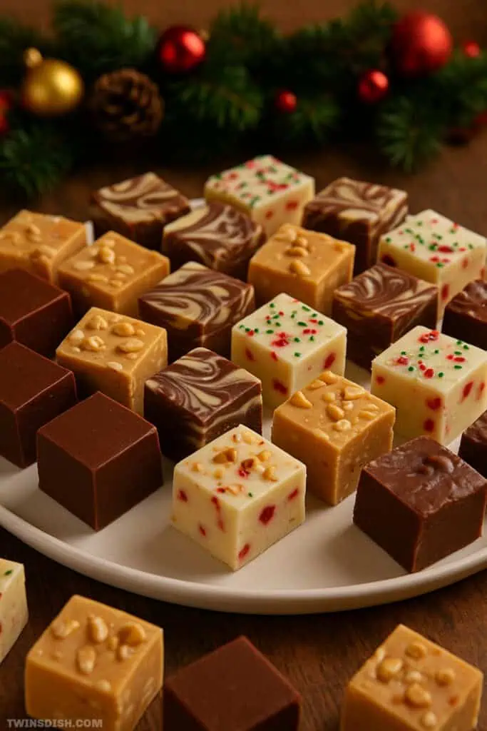 Assorted cubes of holiday alcoholic fudge on a plate with Christmas decor in background.
