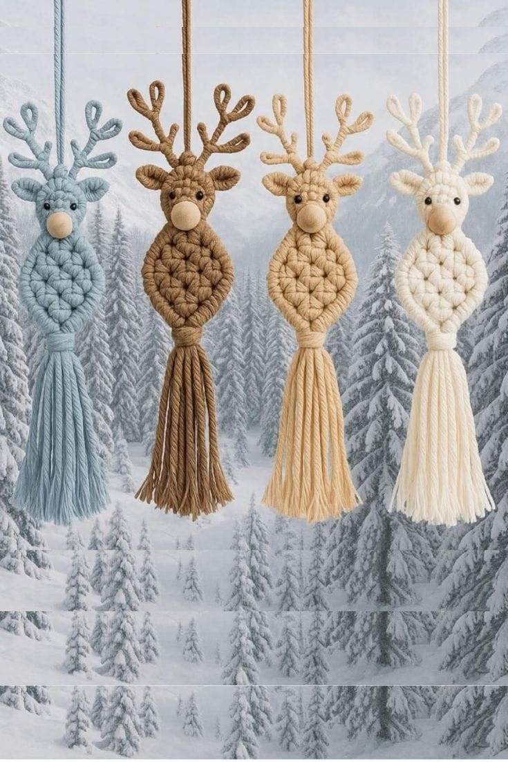 Four handmade crochet-style reindeer Christmas ornaments in winter colors, featuring antlers, wooden noses, and tassel bodies, hanging in front of a snowy forest background. Ideal for DIY holiday decor or gifting.