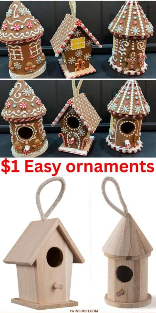 DIY gingerbread house Christmas ornaments made from $1 unfinished wood birdhouses. Painted and decorated to look like festive gingerbread houses, perfect for holiday decorating on a budget.