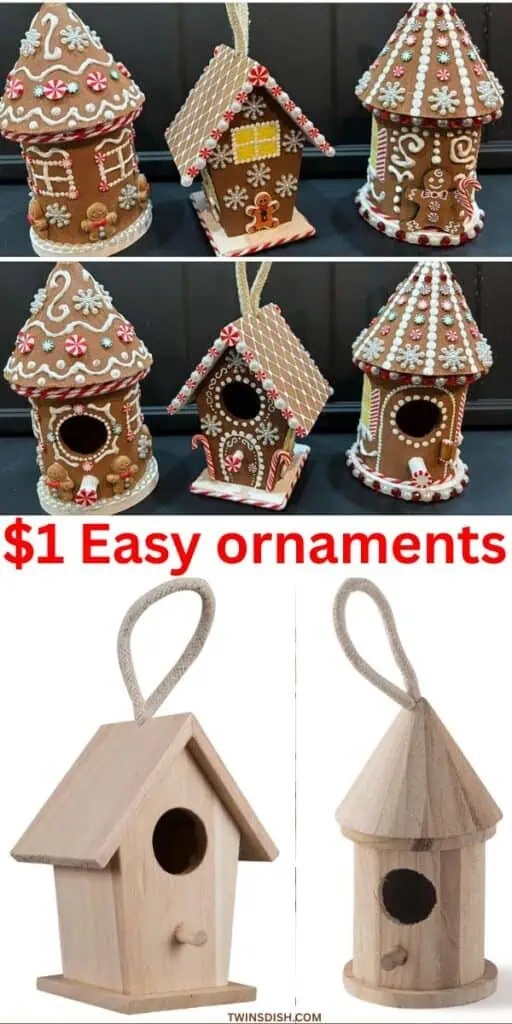 DIY gingerbread house Christmas ornaments made from $1 unfinished wood birdhouses. Painted and decorated to look like festive gingerbread houses, perfect for holiday decorating on a budget.