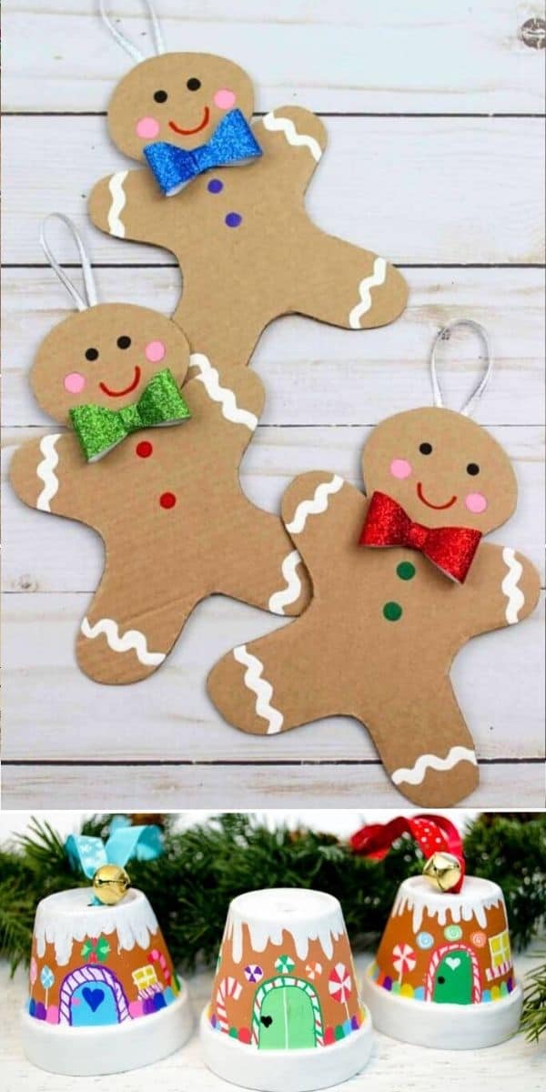 Handmade gingerbread man and candy land pot ornaments made from cardboard and mini clay pots, perfect for DIY Christmas decor projects for kids and adults.