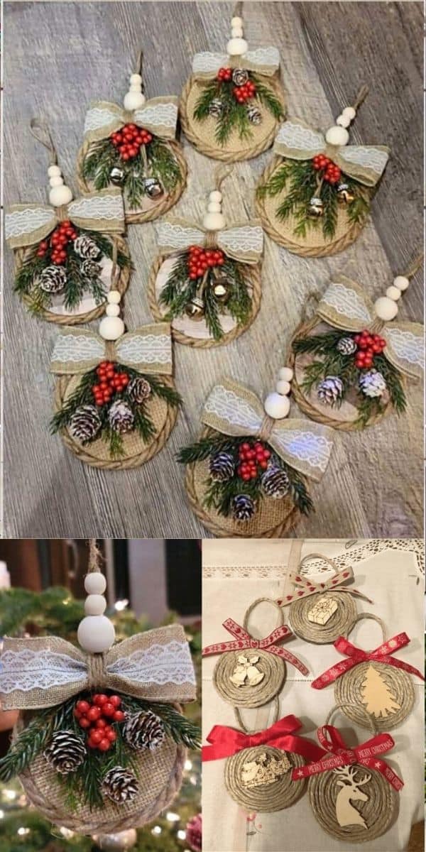 Handmade rustic rope and burlap Christmas ornaments with lace bows, pinecones, berries, and festive wood cutouts—perfect for farmhouse decor, craft nights, or DIY holiday projects for kids and adults.