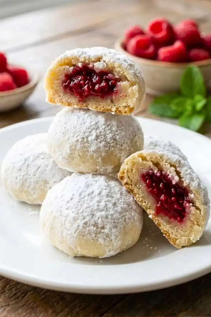 Raspberry almond snowball cookies dusted with powdered sugar and filled with raspberry jam on a white plate