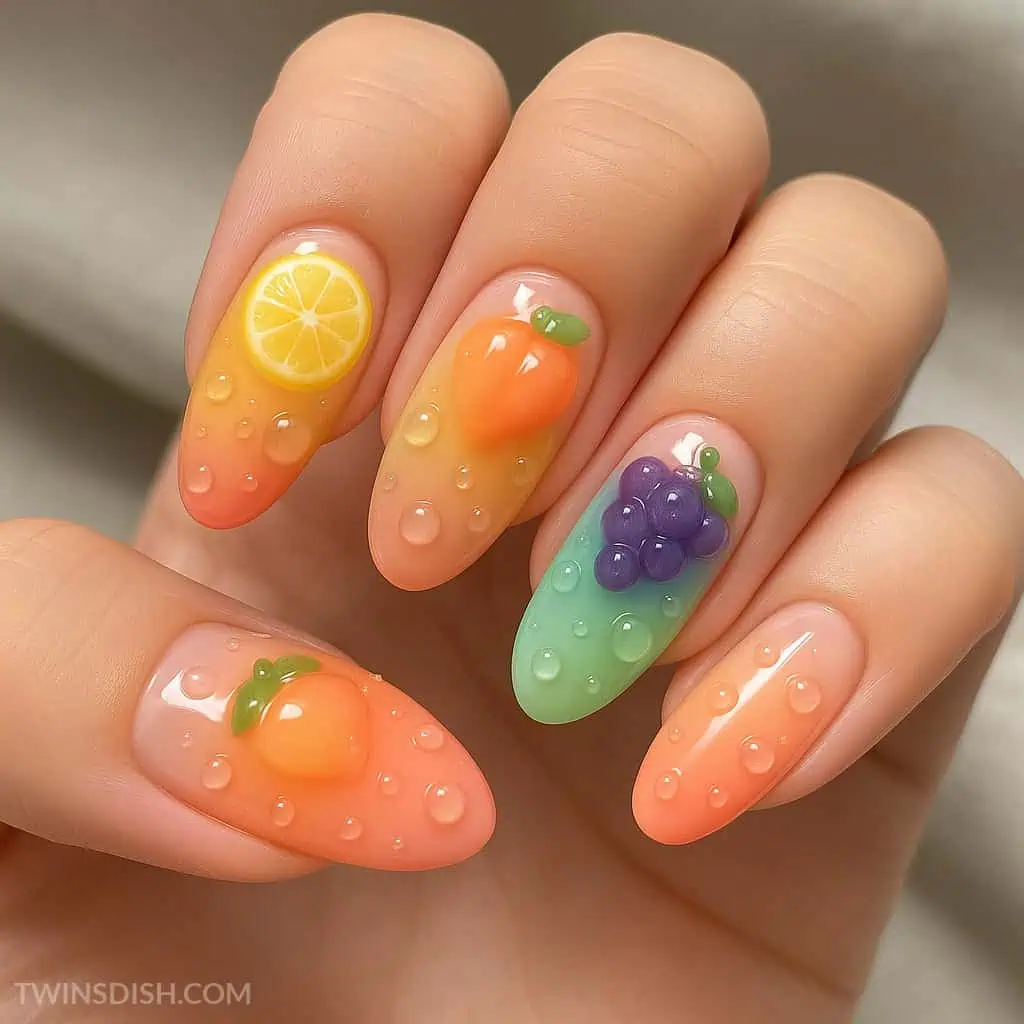 Multi colored Peach ombre fruit jelly nails with peach, lemon, grape jelly designs