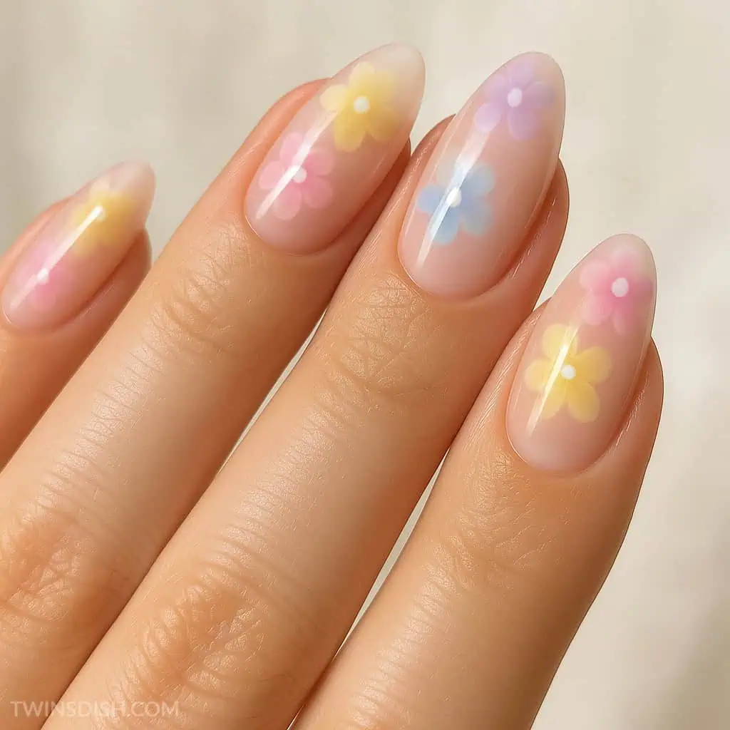 pastel pink, purple, blue flower blooming gel spring nails