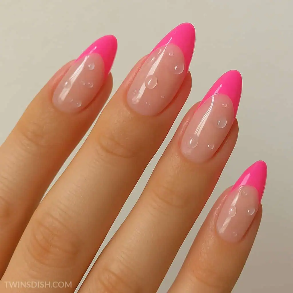 hot pink french tip almond shape long nails with gel water droplets for summer