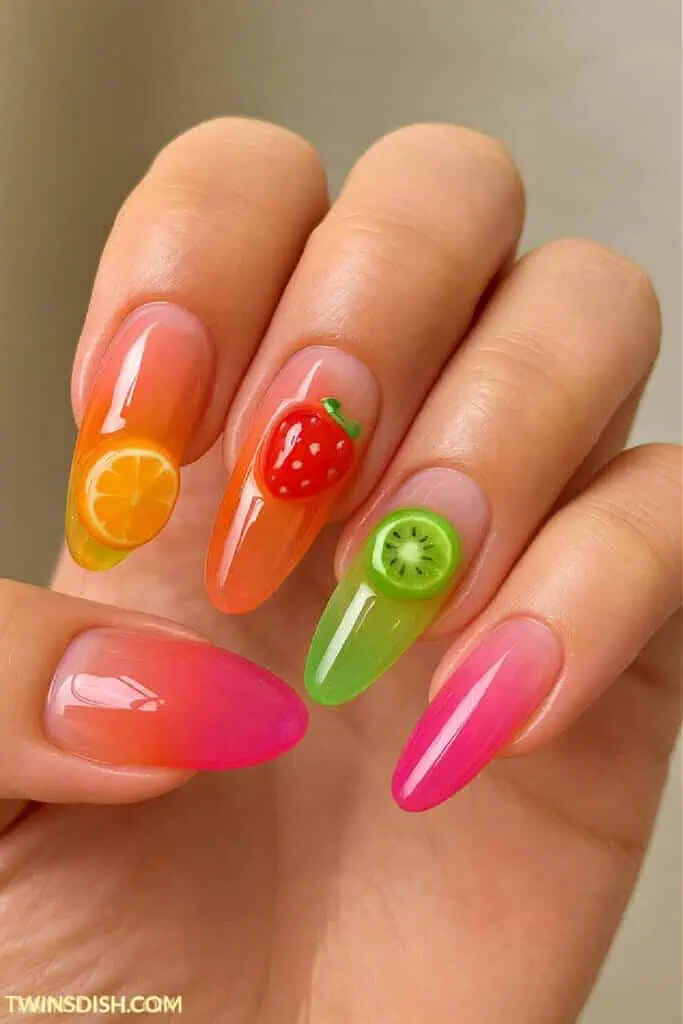 Orange, green, and pink ombre summer nails with orange, strawberry, and kiwi 3D jelly details