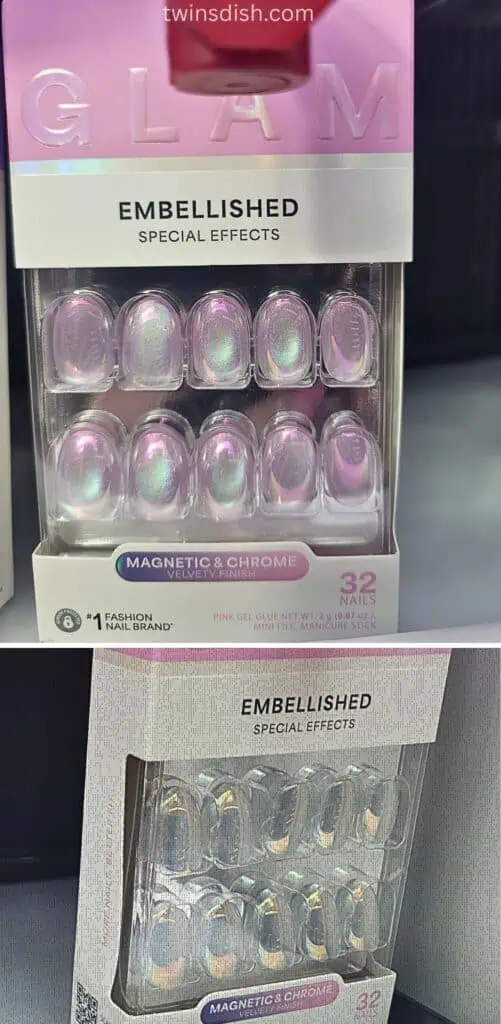 Pastel pink and chrome cat eye spring press on nails with holographic magnetic effect in packaging, trendy spring nail ideas 2026 featuring glazed donut nails and iridescent chrome manicure.