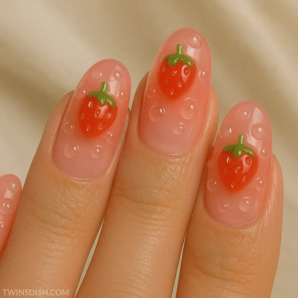 Strawberry Shortcake inspired light blush nails with a jelly 3d strawberry design and gel water droplets