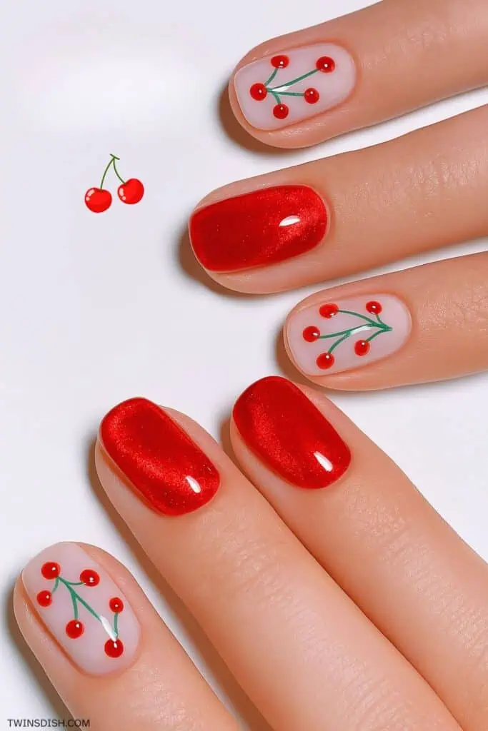 Glossy red nails with delicate cherry nail art, featuring a fresh summer-inspired design.
