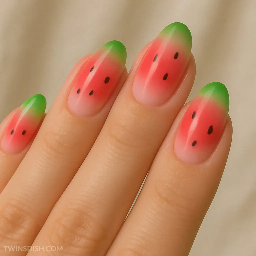 Watermelon ombre nail designs on almond shaped nails with a nude base and gradual gradient of red to green tips and hand painted black seeds