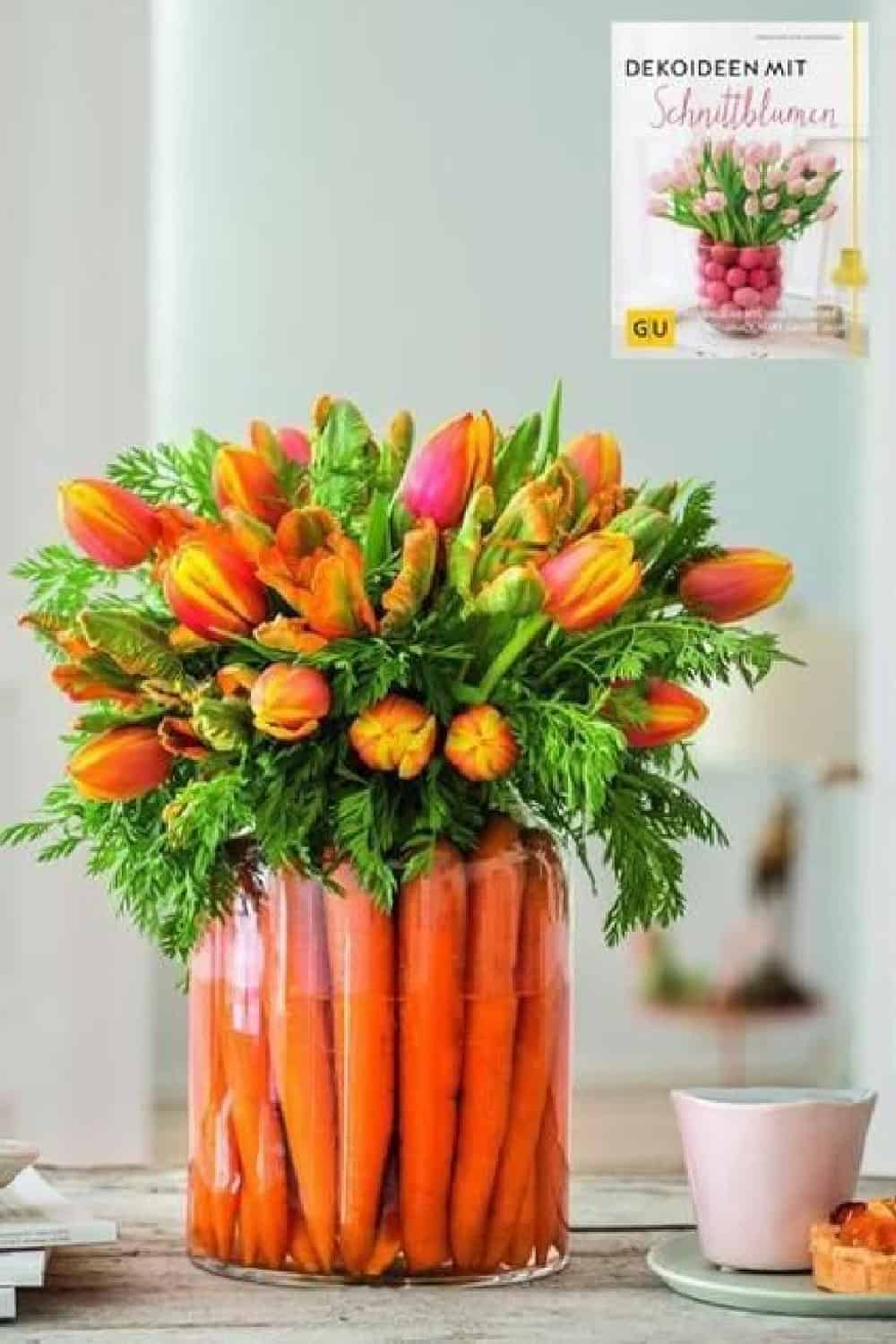 Tulip bouquet with a glass vase carrot base