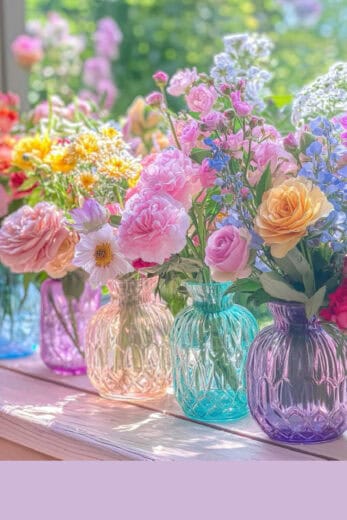 Pastel glass vases filled with fresh spring flowers on a sunlit windowsill, featuring pink roses, peonies, wildflowers, and soft greenery in a bright cottage-style home.