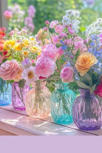 Pastel glass vases filled with fresh spring flowers on a sunlit windowsill, featuring pink roses, peonies, wildflowers, and soft greenery in a bright cottage-style home.