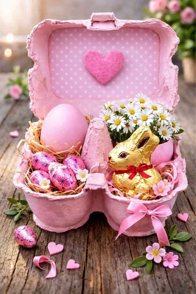 Pink Easter egg carton centerpiece with decorative eggs, a gold chocolate bunny, daisies, and pastel ribbons.