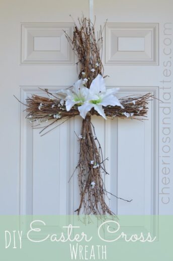 Easy DIY Easter cross Door Wreath made with wooden sticks and dollar store Easter lilies