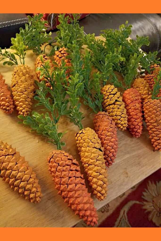Easy DIY Dollar Store Easter Decor Craft Carrots made out of pine cones