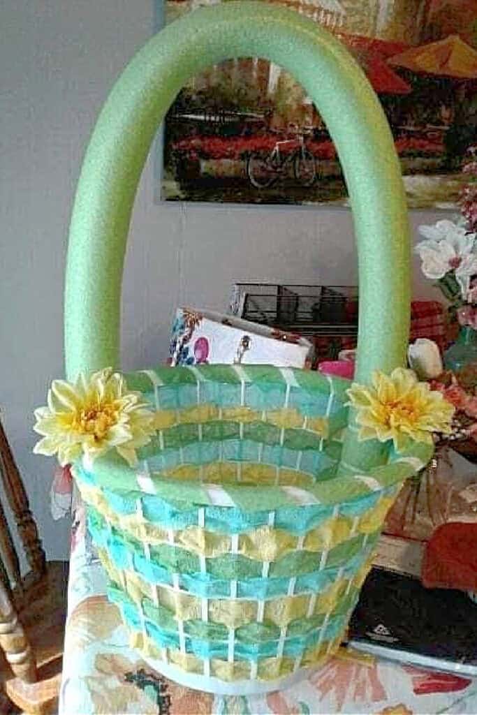 Giant Diy Easter Basket made with a dollar store laundry basket and pool noodle