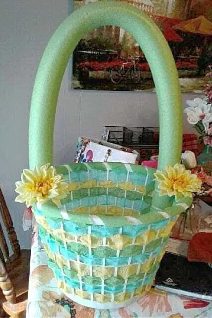 Giant Diy Easter Basket made with a dollar store laundry basket and pool noodle
