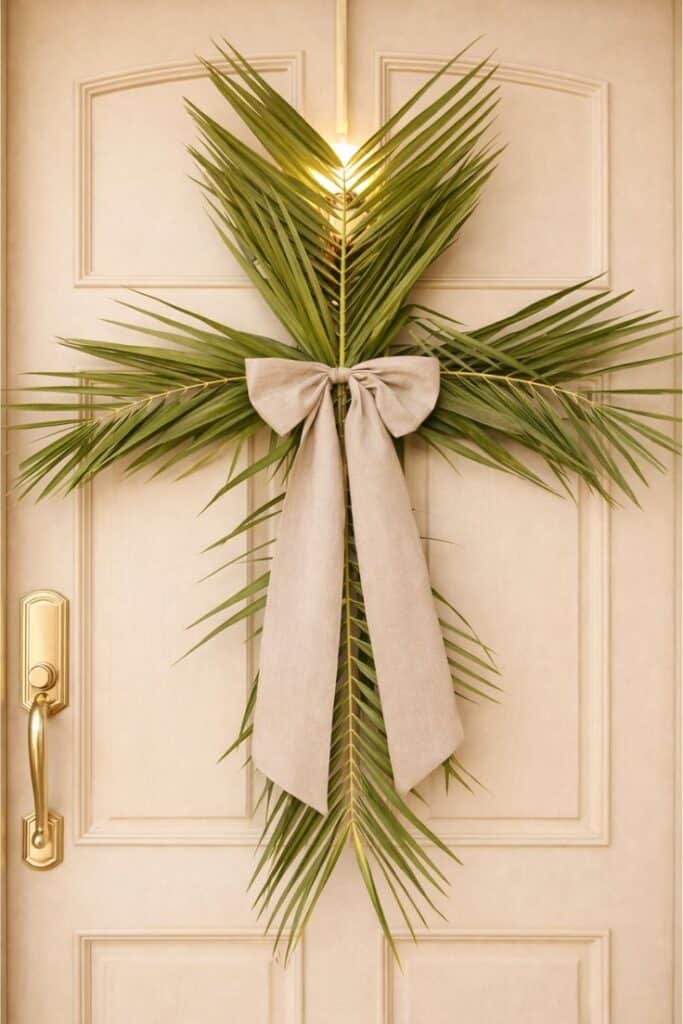 Palm frond cross Easter door decoration with neutral linen bow on a cream front door