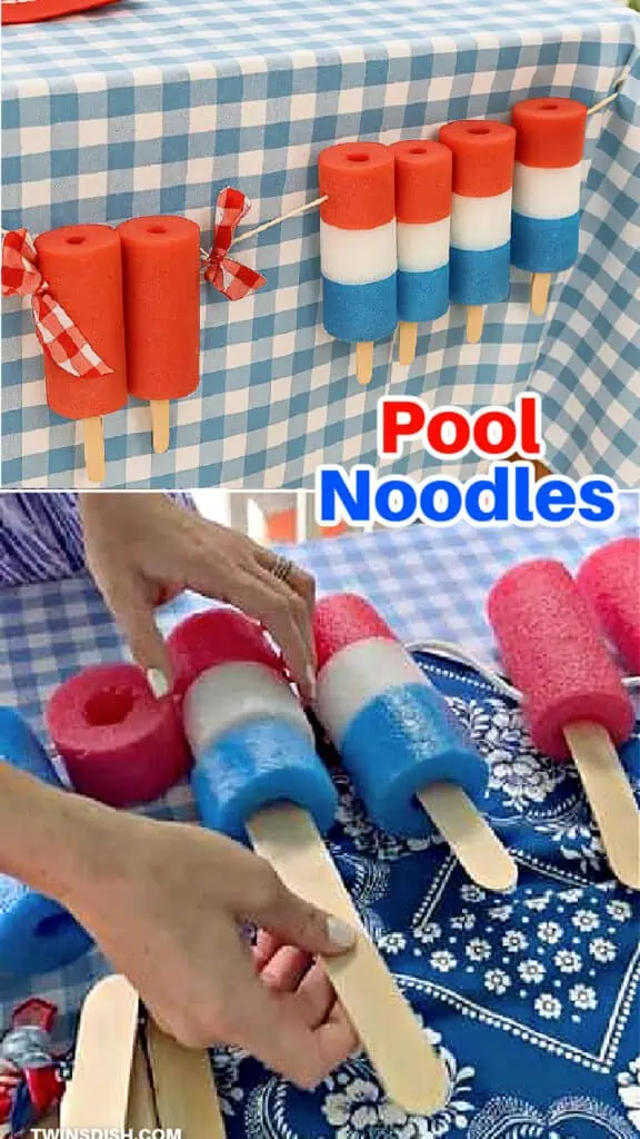 Pool Noodles slices placed on large popsicle sticks to resemble popsicles for 4th of July Party decor