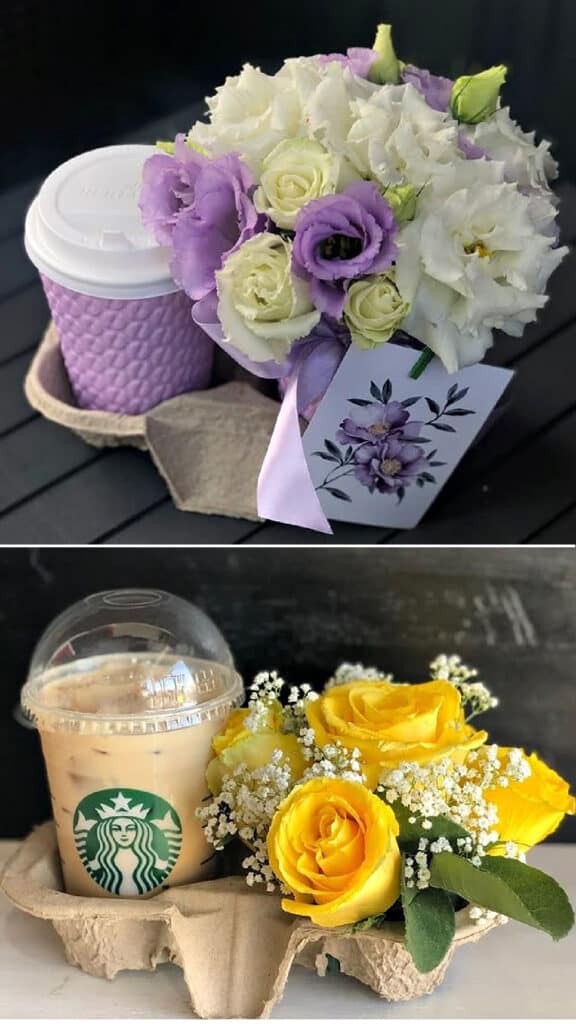 CUP HOLDER GIFT IDEA FOR MOTHERS DAY WITH STARBUCKS ICED COFFEE AND HOT COFFEE AND A SMALL BOUQUET ROSES IN YELLOW AND PURPLE