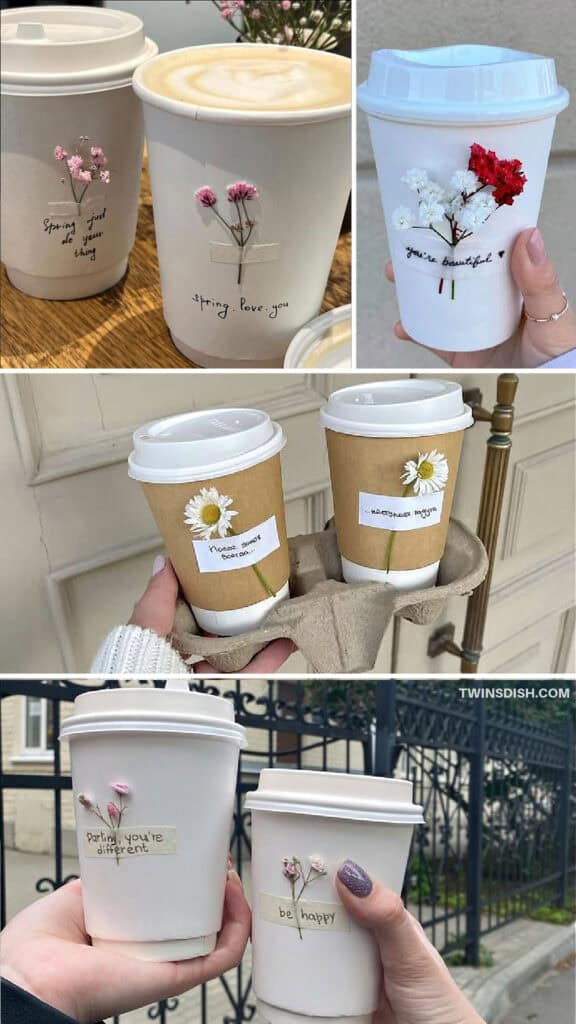 COFFEE OR TEA IN PAPER CUPS WITH MESSAGES WRITTEN ON THEM AND FLOWERS FOR CUP HOLDER GIFT IDEA FOR MOM AND GRANDMA ON MOTHERS DAY WHAT TO PUT IN THE CUP HOLDER AND WAYS TO DECORATE THE CUPS